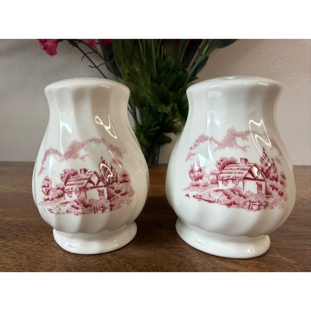 Vintage Churchill The Brook Pink Salt Pepper Shakers England Transferware